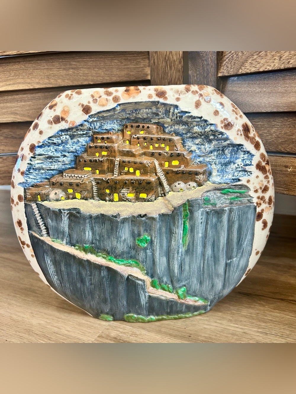 VTG Southwestern Pueblo Cliff Dwelling Ceramic Relief Vase Sculpture Signed DW